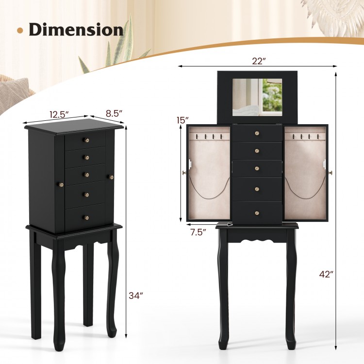 Black jewelry armoire dimensions showing 4 drawers, mirror, and necklace storage, ideal for organized accessory display.