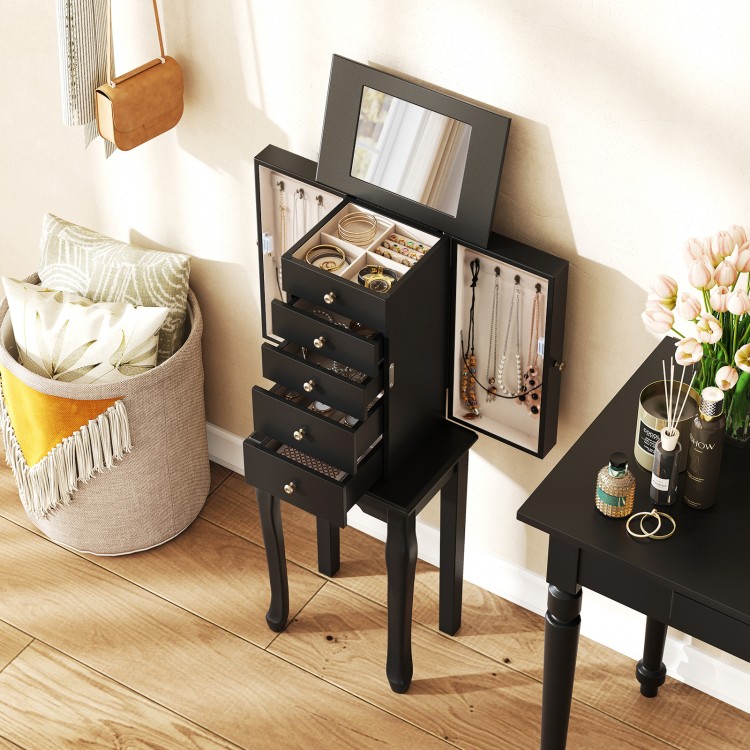 Black jewelry armoire with mirror, featuring 4 drawers and necklace hooks for organized storage in a stylish design.