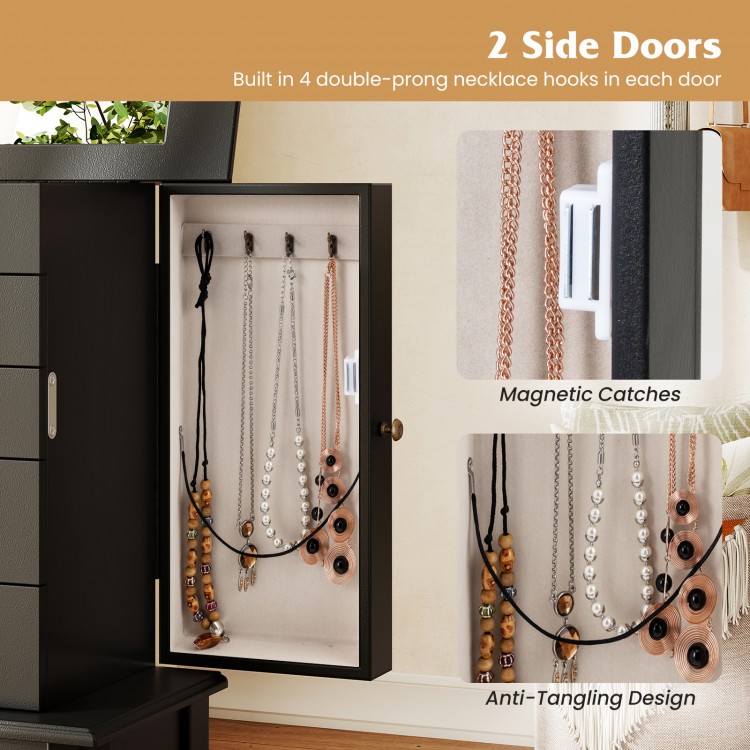 Jewelry armoire with built-in mirror, featuring 2 side doors and 8 hooks for necklaces, in elegant black finish.