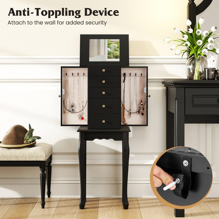 Jewelry armoire cabinet in black with mirror, featuring 4 drawers and 8 hooks for organized storage of necklaces and.