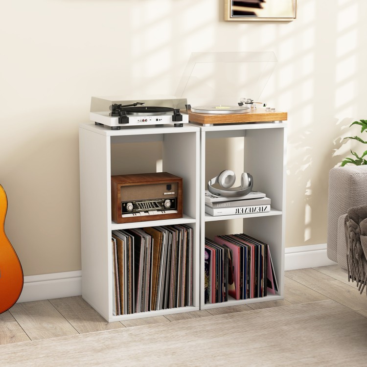 2-cube bookshelf in white with wood grain, featuring storage for books and records, ideal for living room or bedroom.