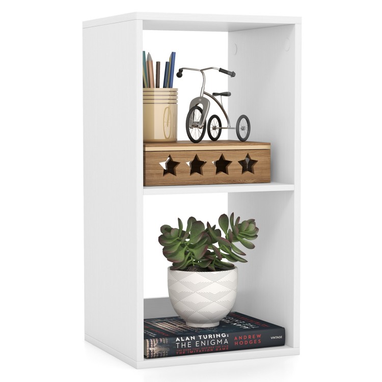 2-cube bookshelf in white with back guardrail, featuring elegant wood grain and ample space for books and decor.