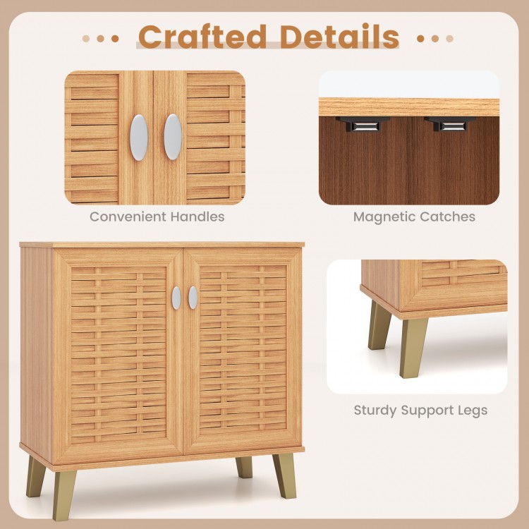 2-door shoe cabinet with ventilated woven doors, teak finish, and sturdy support legs for stylish shoe storage.