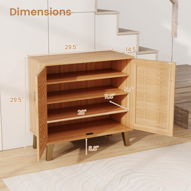 4-tier shoe cabinet with ventilated woven doors, teak finish, featuring removable shelves for organized storage.