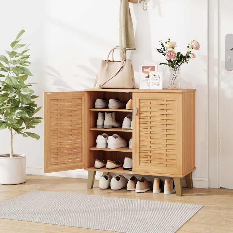 2-door 4-tier shoe cabinet in teak with ventilated woven doors, perfect for organized shoe storage in entryway or.