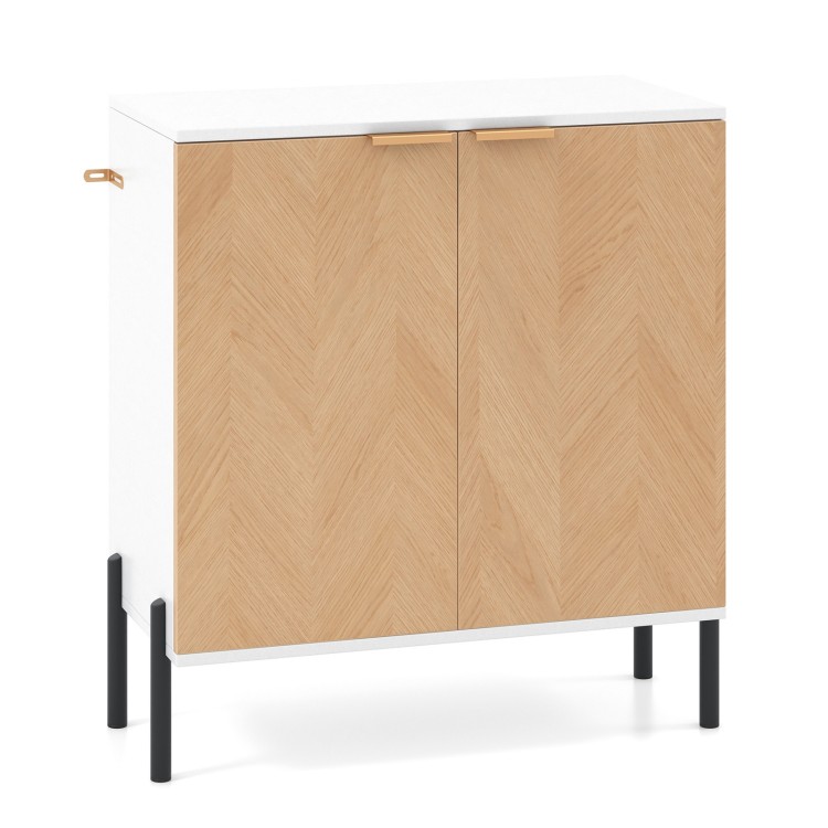 2-door buffet cabinet sideboard in white and natural wood with metal legs, ideal for organizing kitchenware and decor.