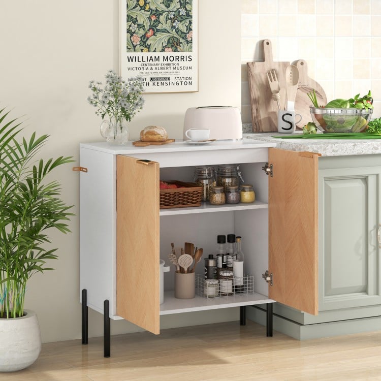 2-door buffet cabinet in white and natural wood, featuring metal legs and enclosed shelves for organized kitchenware.