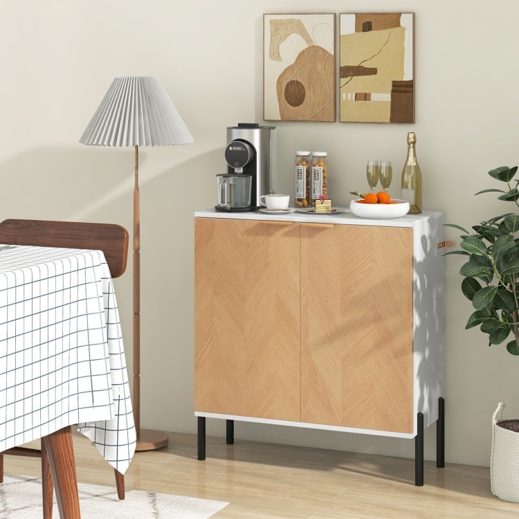 2-door buffet cabinet sideboard in white and natural wood, featuring metal legs, ideal for organizing kitchenware.