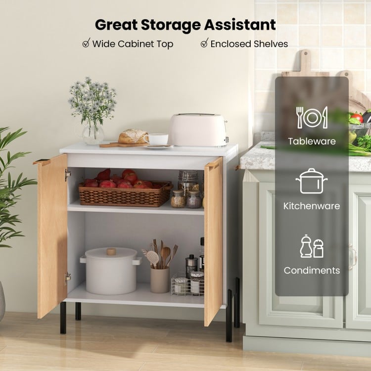 2-door buffet cabinet with a wide top and enclosed shelves, perfect for organizing kitchenware and condiments.