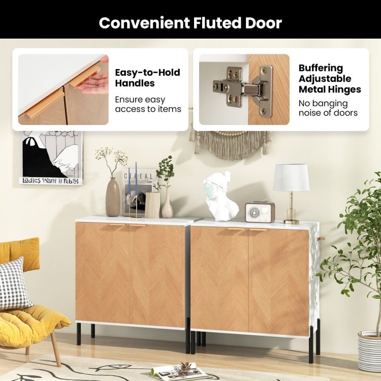 2-door buffet cabinet with natural wood finish, featuring easy-to-hold handles and adjustable metal hinges for.