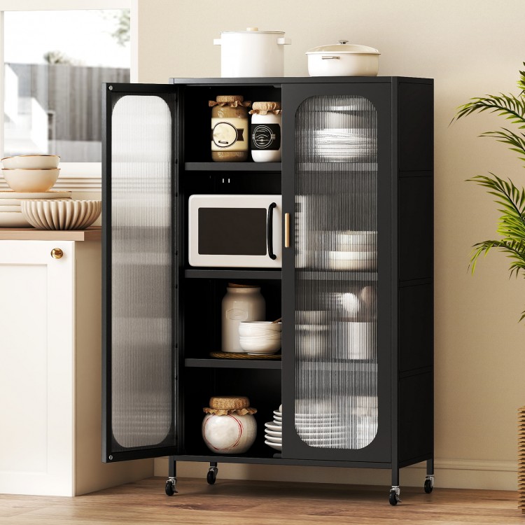 Black 2-door metal storage cabinet with adjustable shelves, featuring semi-transparent doors for visibility and.