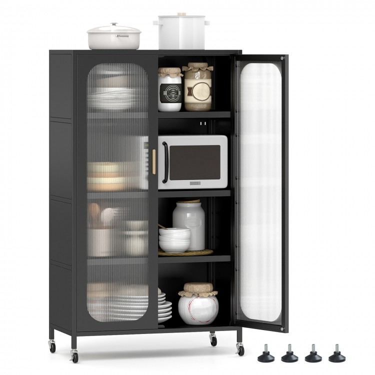 5-tier black metal storage cabinet with adjustable shelves and semi-transparent doors for organized kitchen storage.