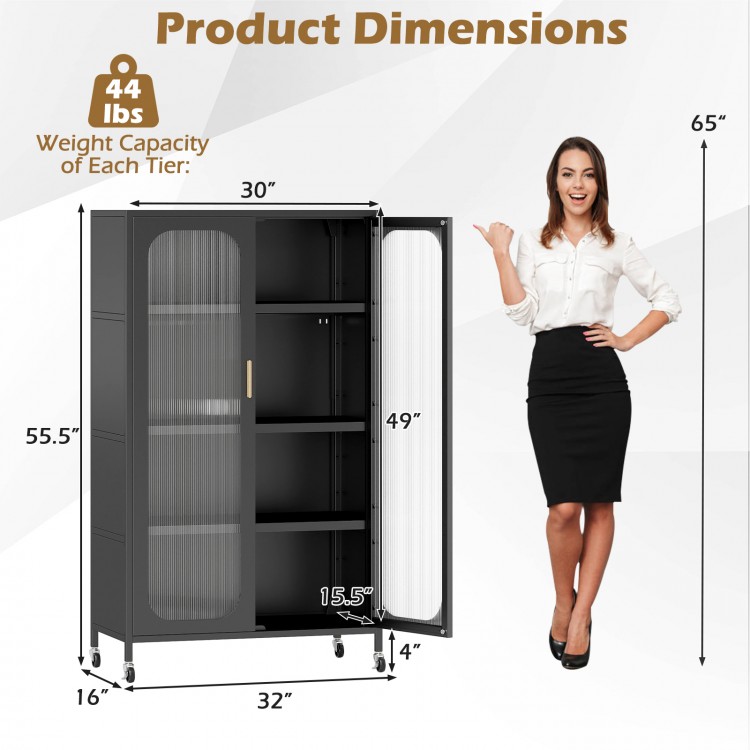 2-door black metal storage cabinet with 5 adjustable shelves, dimensions 30"x32"x65", ideal for organized storage.
