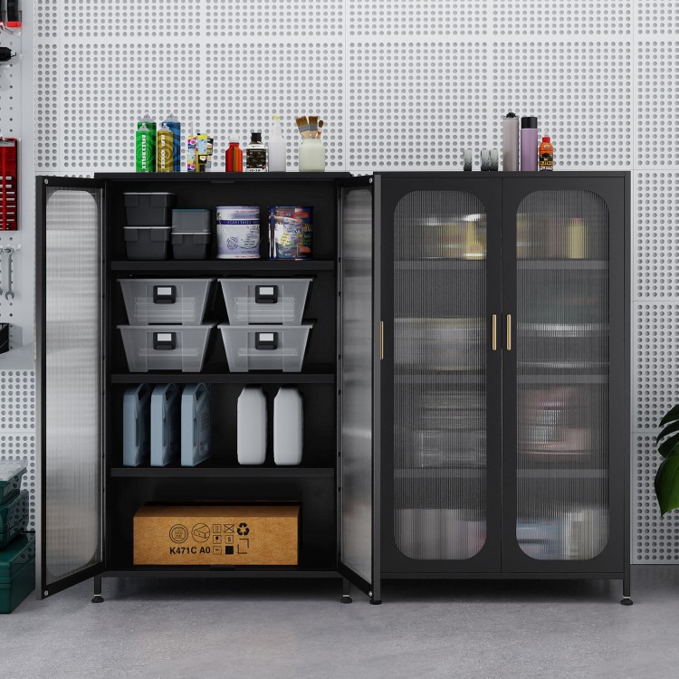 5-tier black metal storage cabinet with adjustable shelves and semi-transparent doors for organized storage and.