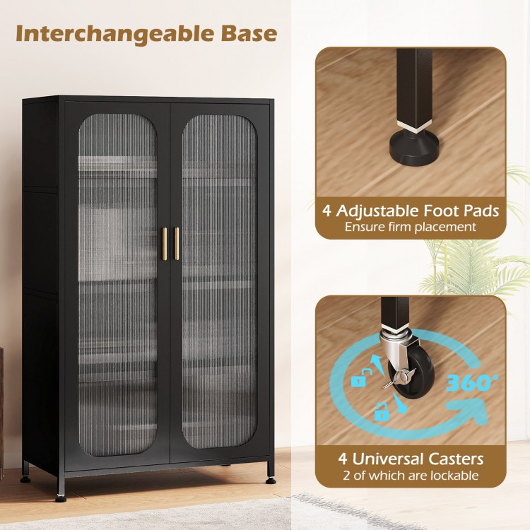 2-door black metal storage cabinet with adjustable shelves, lockable casters, and semi-transparent doors for organized.