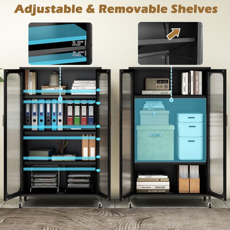 2-door black metal storage cabinet showcasing adjustable shelves for customized organization and ample storage space.