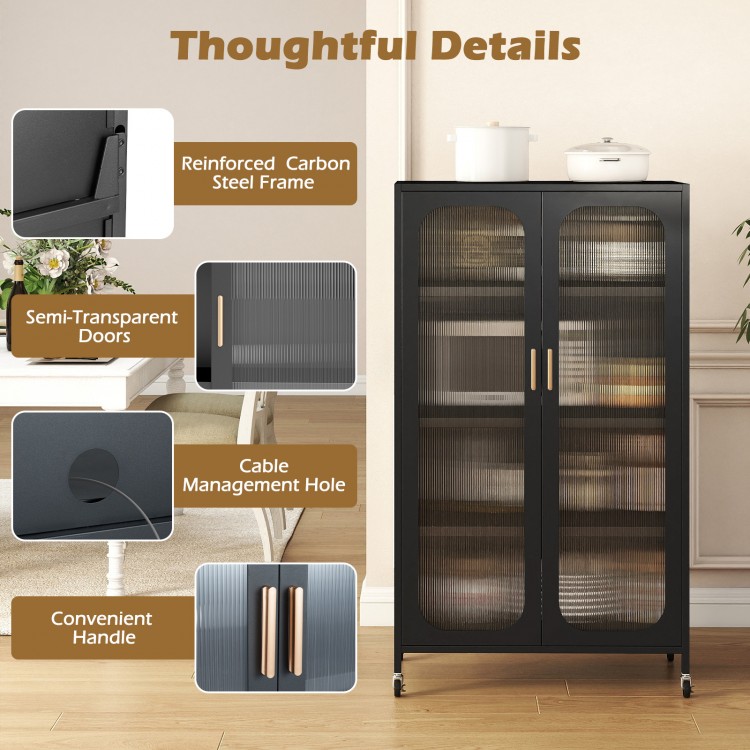 Black 2-door metal storage cabinet with semi-transparent doors, adjustable shelves, and cable management hole for.