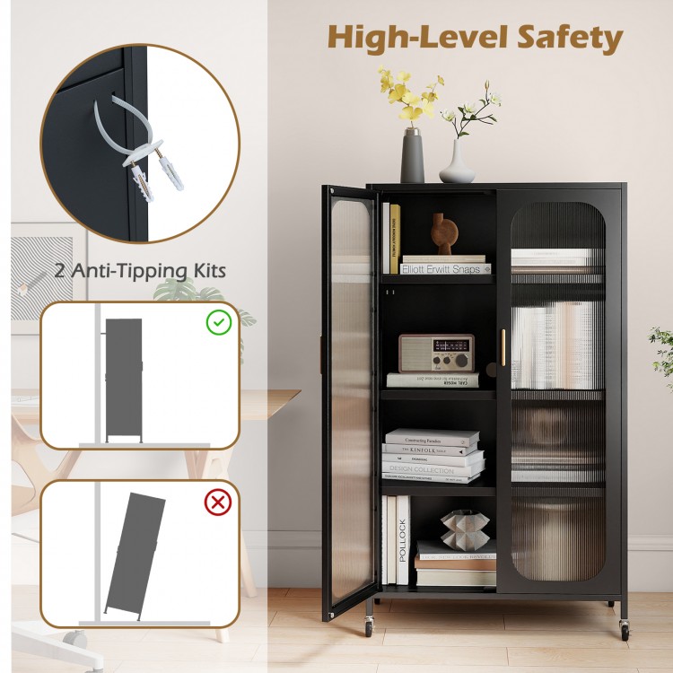 2-door black metal storage cabinet with adjustable shelves, anti-tipping kits, and semi-transparent doors for organized.