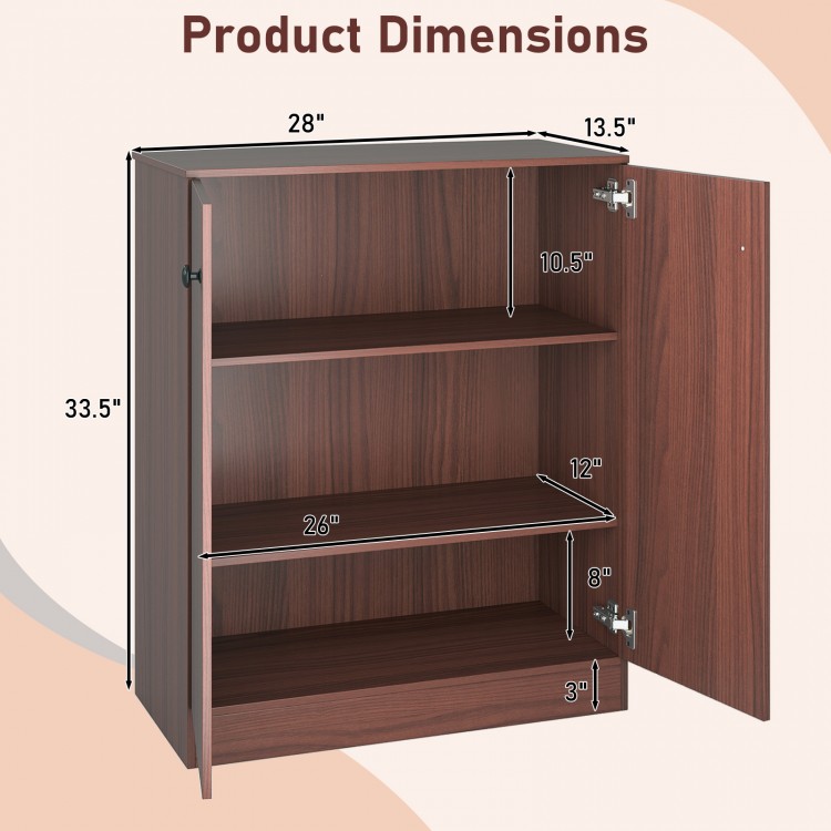 Dimensions of the 2-door modern floor storage cabinet with 3-tier shelf in brown, suitable for versatile interior use.