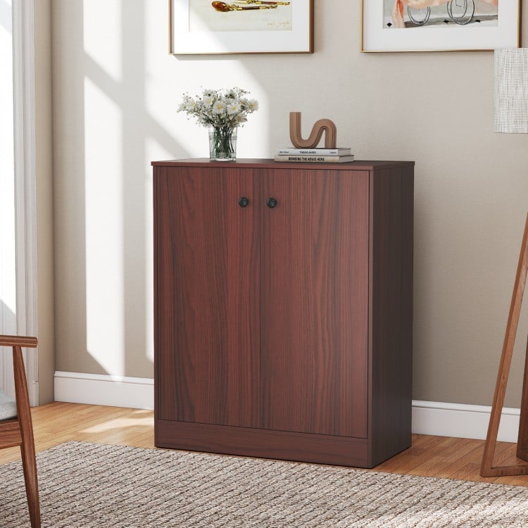Modern 2-door storage cabinet in brown with a 3-tier shelf, ideal for versatile use in any room.