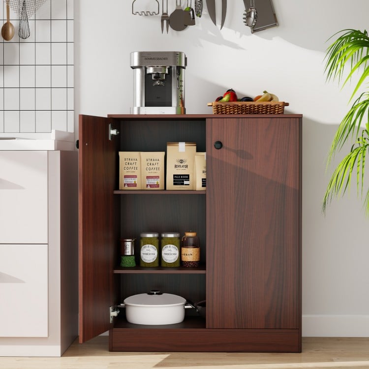 Modern brown 2-door storage cabinet with 3-tier shelf, ideal for kitchen or living room organization and decor.
