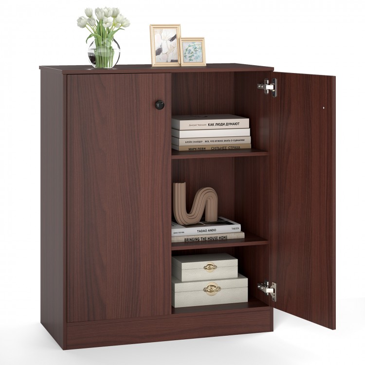 Modern brown 2-door storage cabinet with 3-tier shelves, ideal for kitchen or living room organization.