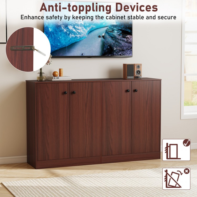 2-door modern floor storage cabinet in brown with anti-toppling devices, ideal for kitchen or living room organization.