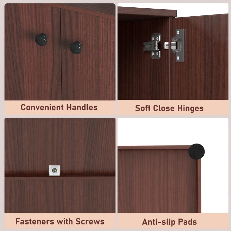 Close-up of the 2-door modern storage cabinet features, showcasing convenient handles and soft close hinges for easy.