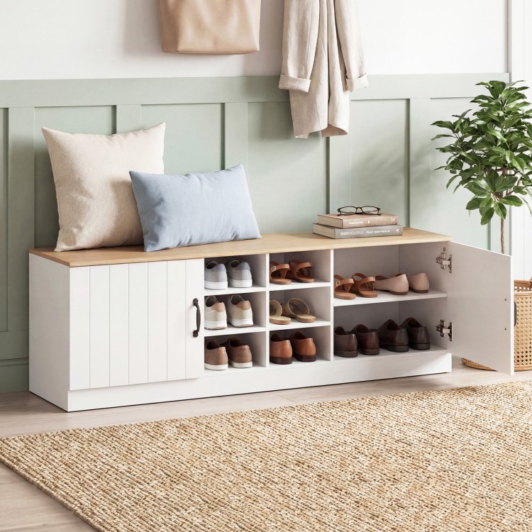 Shoe bench storage cabinet with adjustable shelves, double doors, and modern design for entryway or living room use.