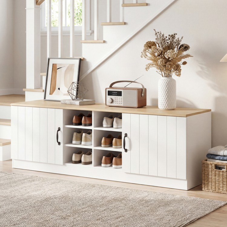 2-door shoe bench storage cabinet with adjustable shelves in natural finish, perfect for entryway or living room.