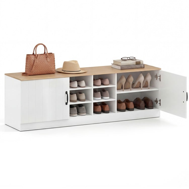 2-door shoe bench storage cabinet with adjustable shelves in white and natural wood, perfect for entryway organization.