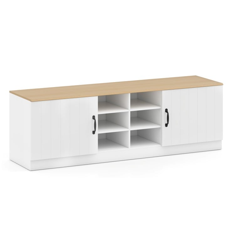 2-door shoe bench storage cabinet with adjustable shelves and natural wood top, ideal for entryway or living room.