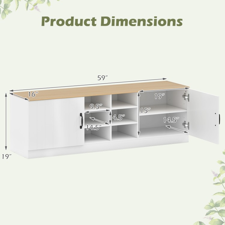 2-door shoe bench storage cabinet with adjustable shelves, featuring a natural wood top and dimensions for easy.