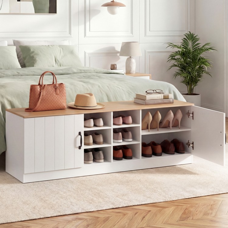 2-door shoe bench storage cabinet with adjustable shelves, featuring a natural finish, perfect for entryway or bedroom.
