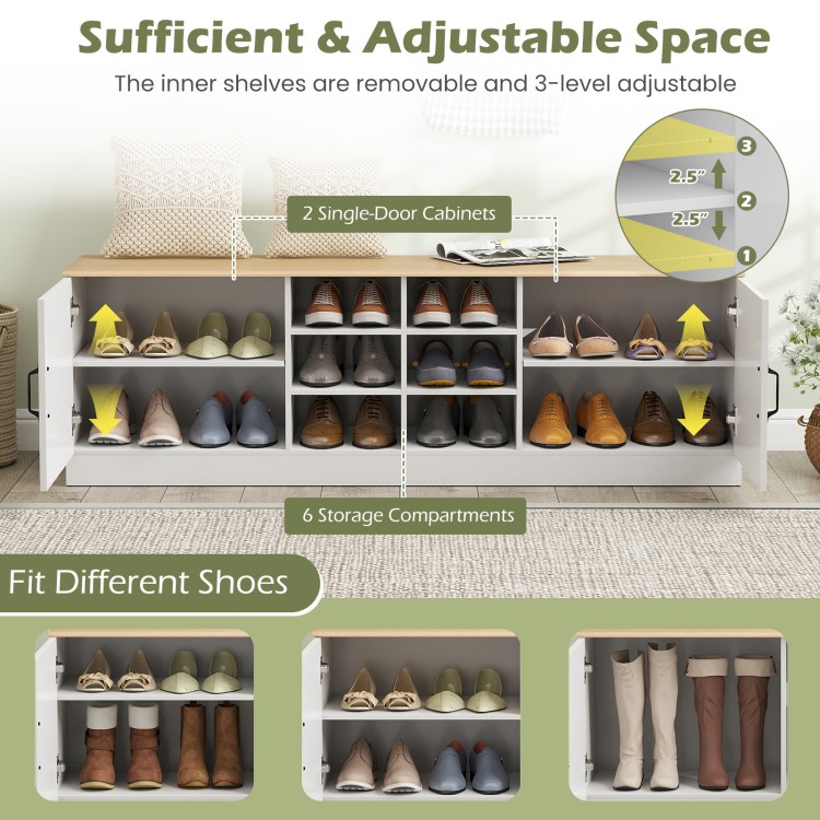 2-Door shoe bench storage cabinet in natural finish with adjustable shelves, ideal for organizing shoes in entryway.