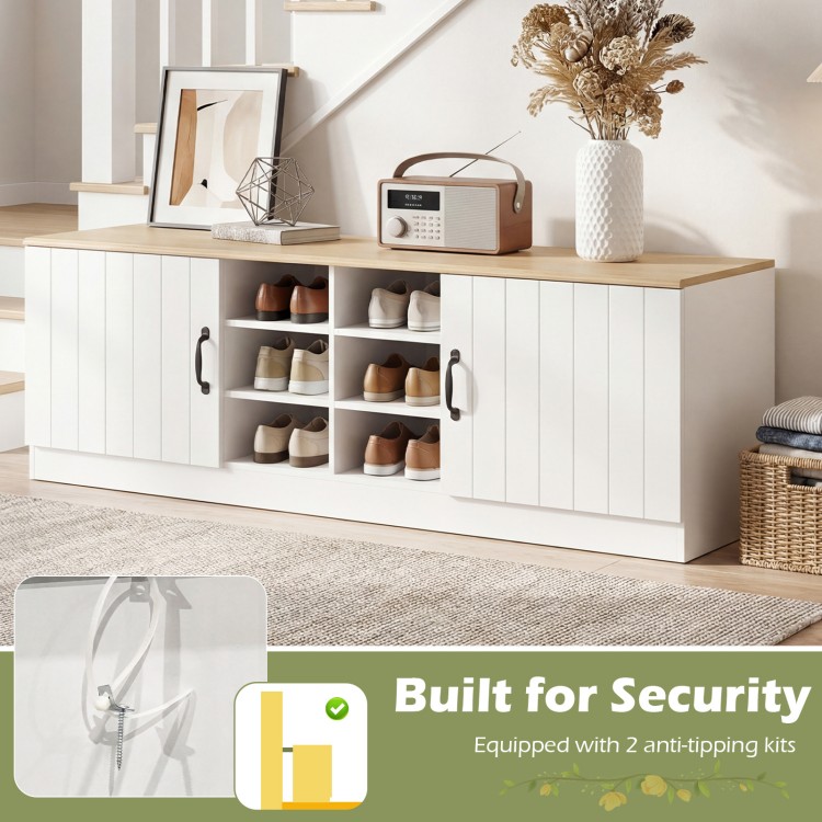 2-door shoe bench storage cabinet with adjustable shelves, natural wood top, ideal for entryway or living room.