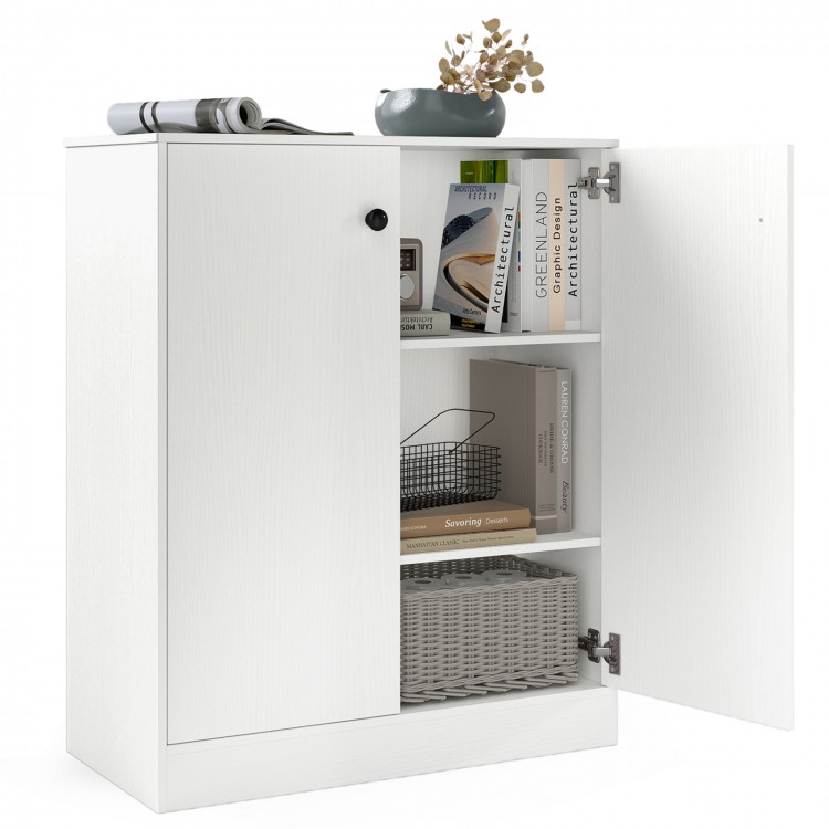 White 2-door storage base cabinet featuring a 3-tier shelf, ideal for books and kitchen supplies in any room.