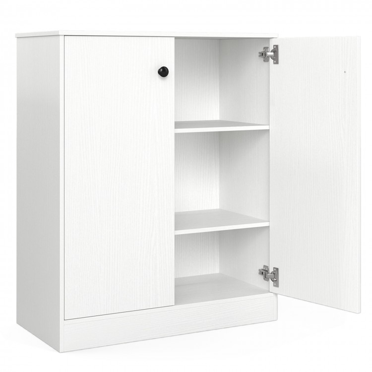 White 2-door storage base cabinet with 3-tier shelf, ideal for kitchen or living room organization.