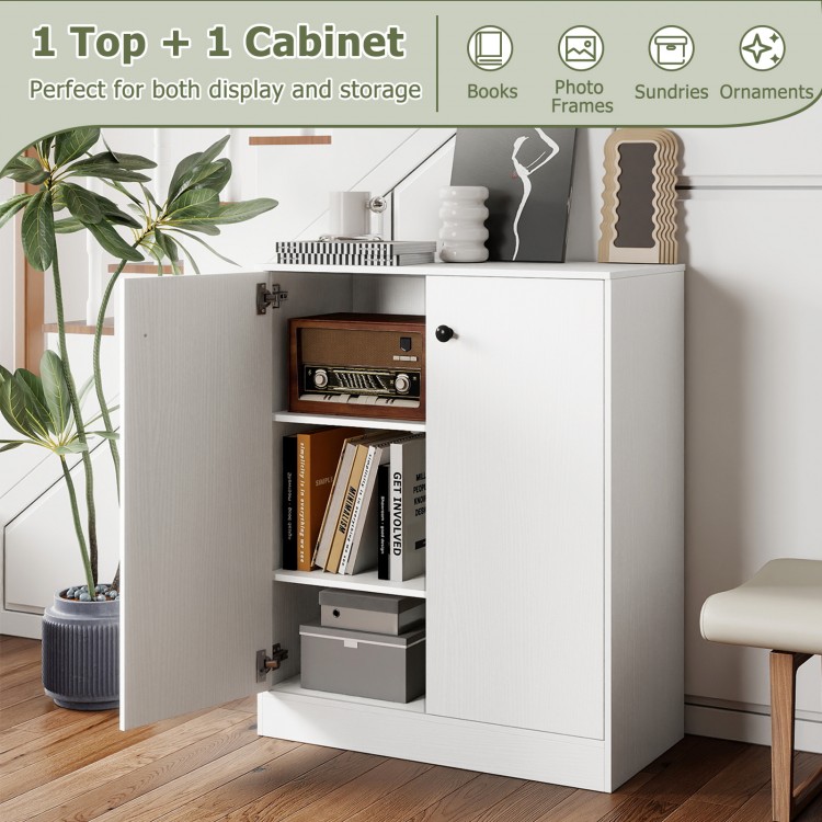 White 2-door storage cabinet with 3-tier shelf, perfect for books and kitchen supplies in living room or entryway.