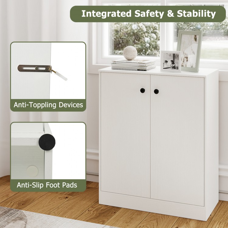 2-door white storage cabinet featuring anti-tipping devices and anti-slip foot pads, perfect for kitchen or living room.