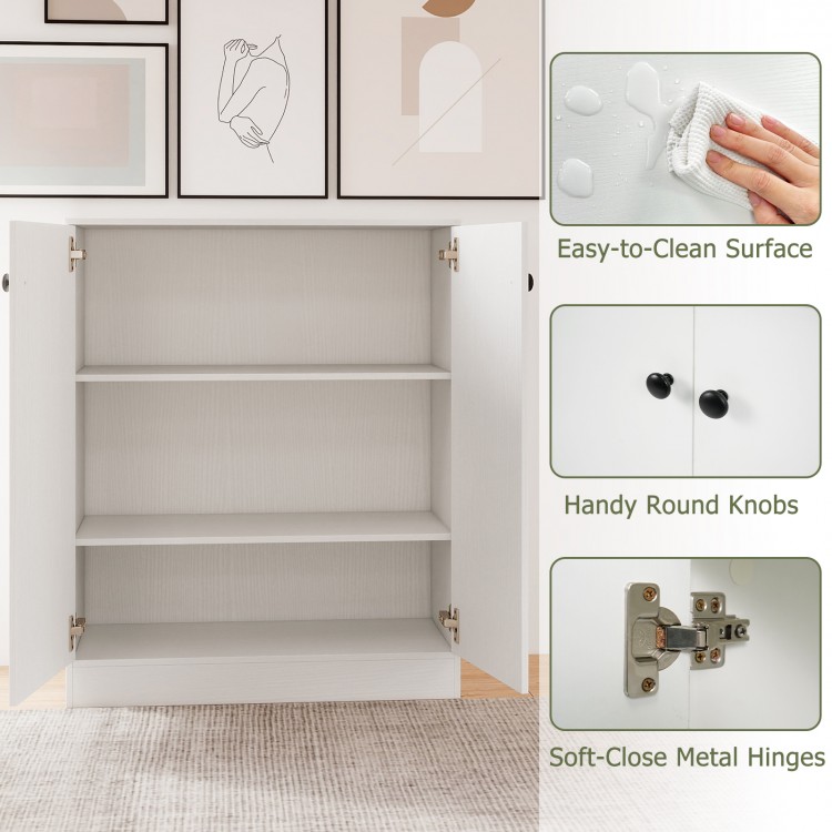 White 2-door storage base cabinet featuring a 3-tier shelf, easy-to-clean surface, and soft-close metal hinges for.