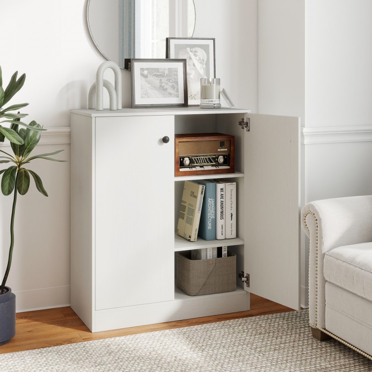 White 2-door storage base cabinet with 3-tier shelf, ideal for books and kitchen supplies in living room or entryway.