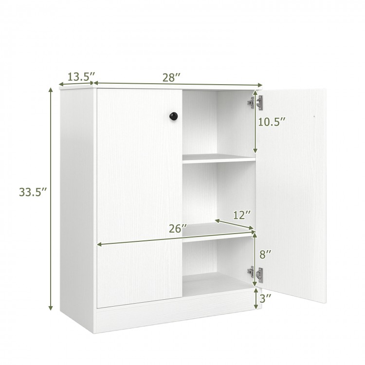 2-door storage base cabinet in white with 3-tier shelf, ideal for kitchen or living room organization.
