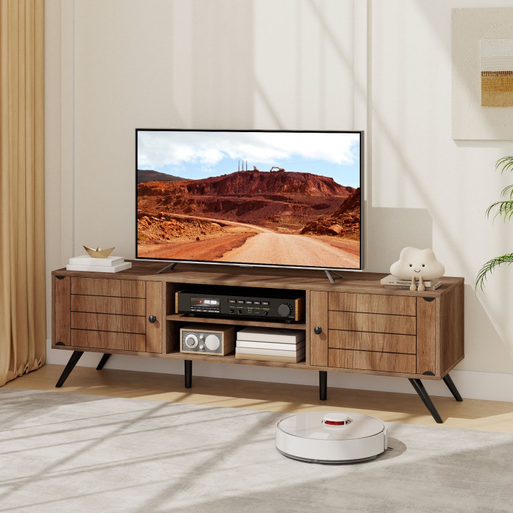 2-door TV stand in oak for TVs up to 65 inches, featuring open shelves and enclosed cabinets for media organization.