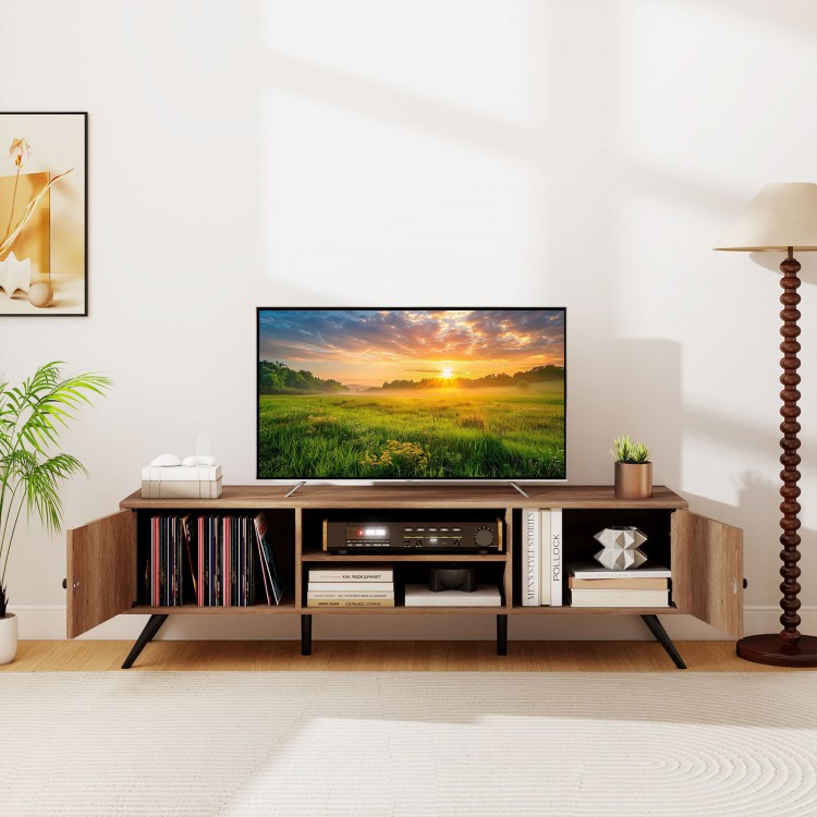 2-door TV stand in oak with open shelves, designed for TVs up to 65 inches, perfect for organizing media accessories.