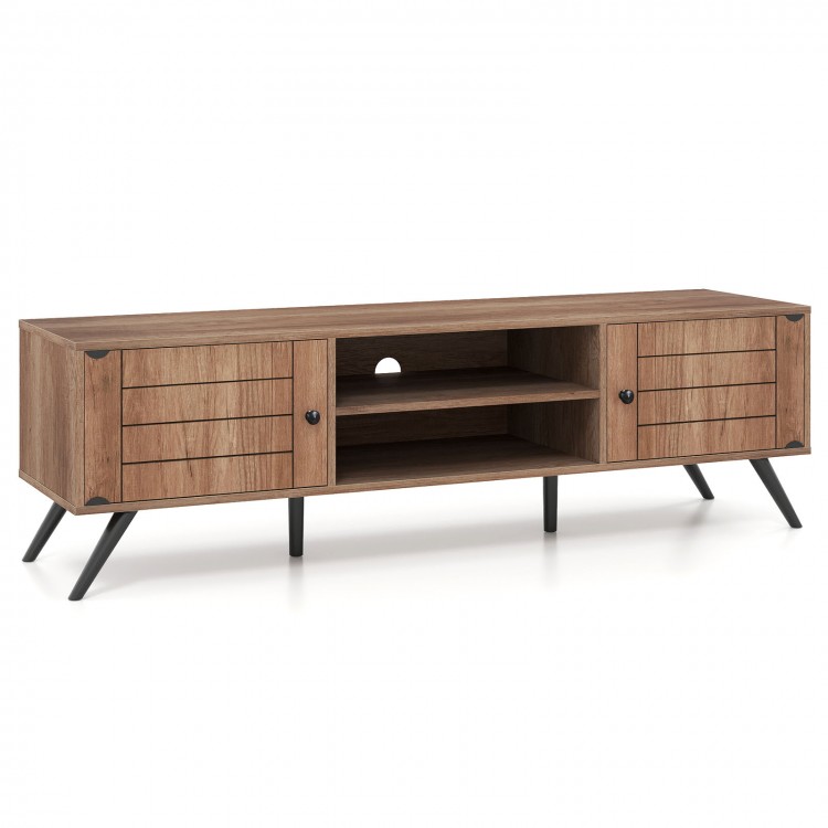 2-Door TV stand in oak finish with open shelves and cabinets, designed for TVs up to 65 inches, perfect for media.