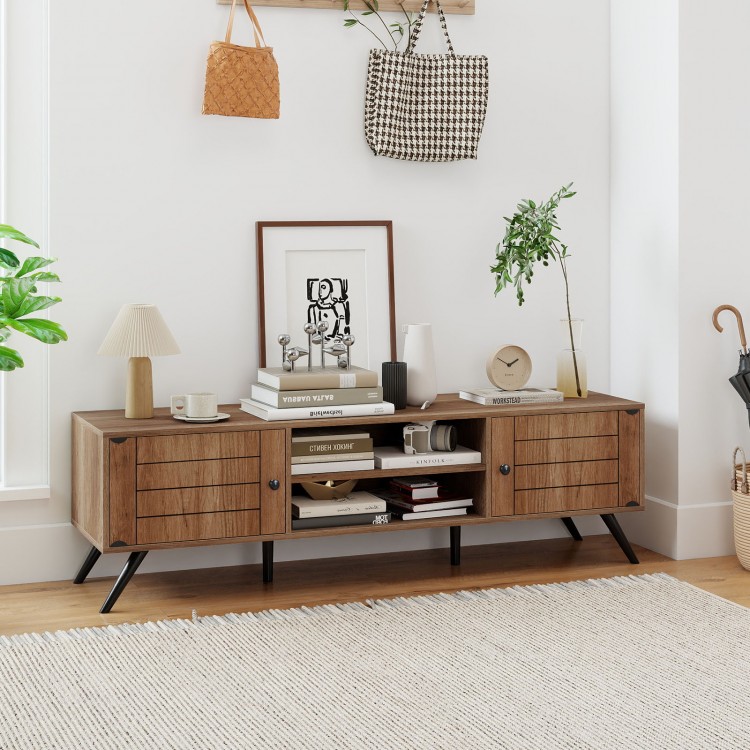 2-door TV stand in oak with open shelves and cabinets, designed for TVs up to 65 inches, perfect for organized.