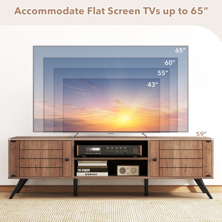 2-door TV stand in oak accommodating TVs up to 65 inches, featuring open shelves and enclosed cabinets for media.