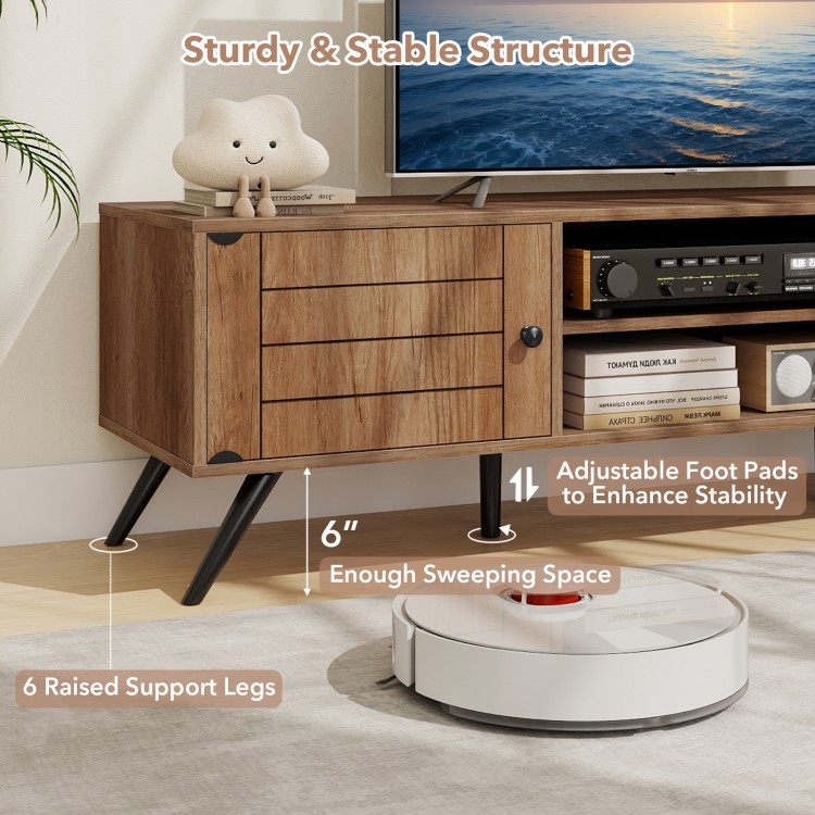 2-door TV stand in oak with open shelves, designed for TVs up to 65 inches, featuring 6 raised support legs for.