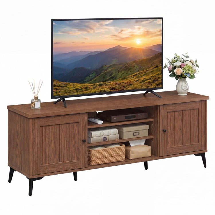 Mid-century modern 2-door TV stand in brown, featuring adjustable shelves and cable management for TVs up to 65 inches.